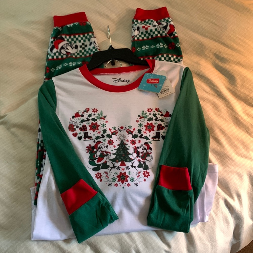 Disneys adorable red/green Mickey Christmas pajama set!!